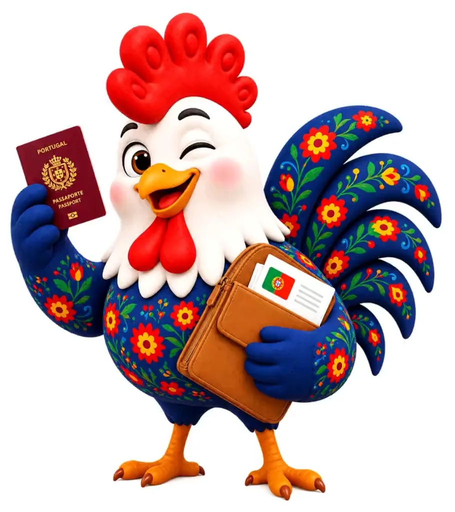 Zé, the Ola Facultet mascot, holding a passport and course documents